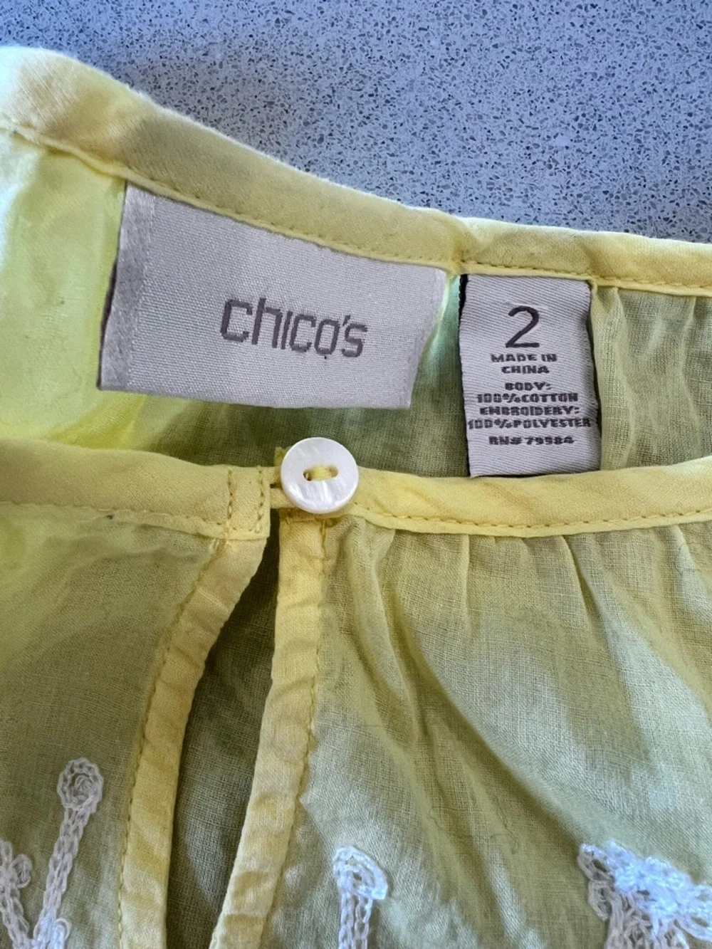 Chico's Yellow Embroidered Cotton Peasant Tunic Sz Large - Picture 7 of 12